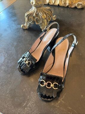 kate spade Black Patent Slingback Mules with Gold Chain Accent